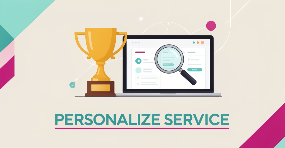 Flat illustration of a trophy beside a laptop with a magnifying glass, highlighting personalized service gaps on trophy shop websites.