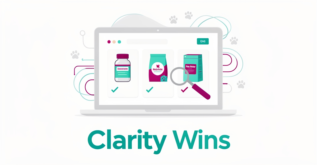 Flat illustration of a laptop showing clear veterinary product listings enhanced by AI, accented in teal and magenta with headline Clarity Wins.