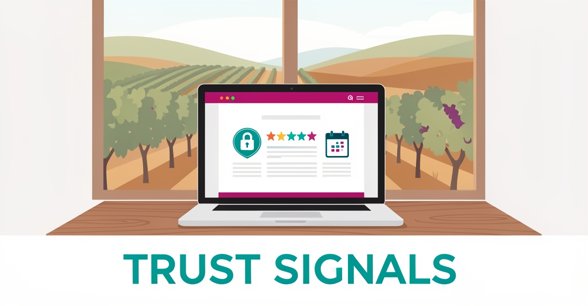 Flat illustration of a laptop showing a vineyard website with star ratings and security badges, vineyard rows in the background.
