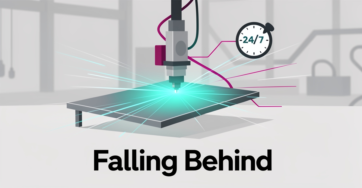 Flat illustration of a waterjet cutting machine slicing metal with teal and magenta accents, symbolizing fast quotes and 24/7 lead capture.