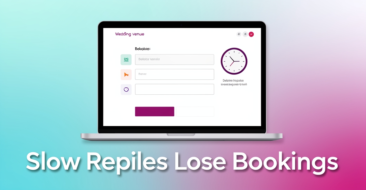 Flat illustration of a laptop with a delayed response warning on a wedding booking form, using brand colors, highlighting slow reply issue for Nova Scotia venues