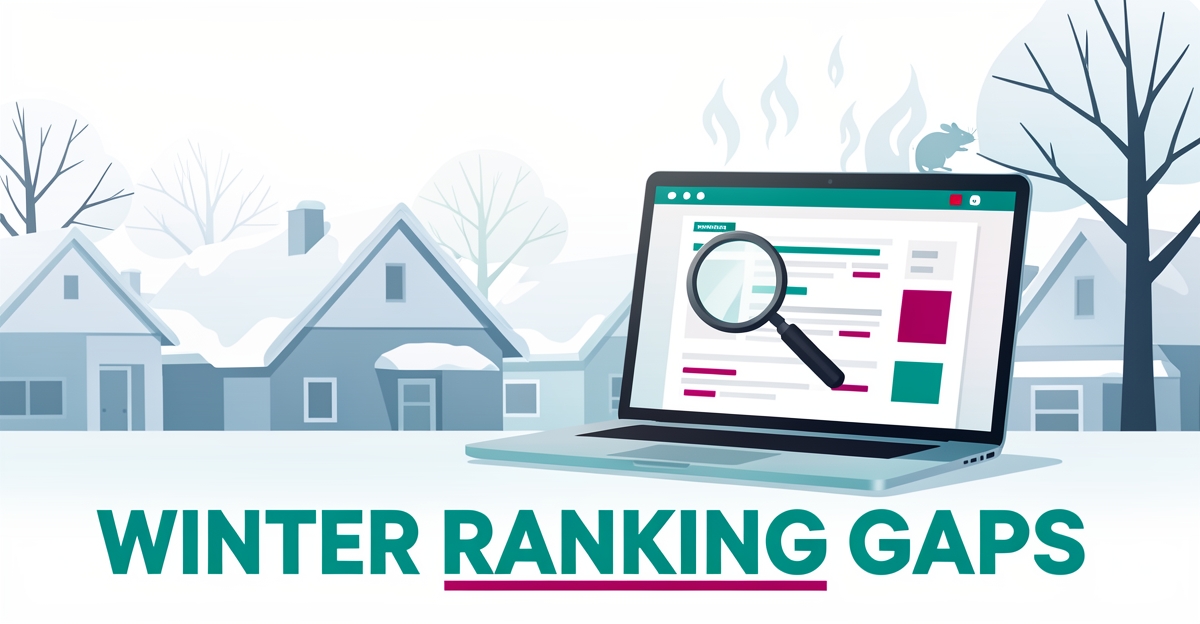 Flat illustration of a laptop showing search results beside snow-covered rooftops, symbolizing winter pest control SEO visibility gaps.
