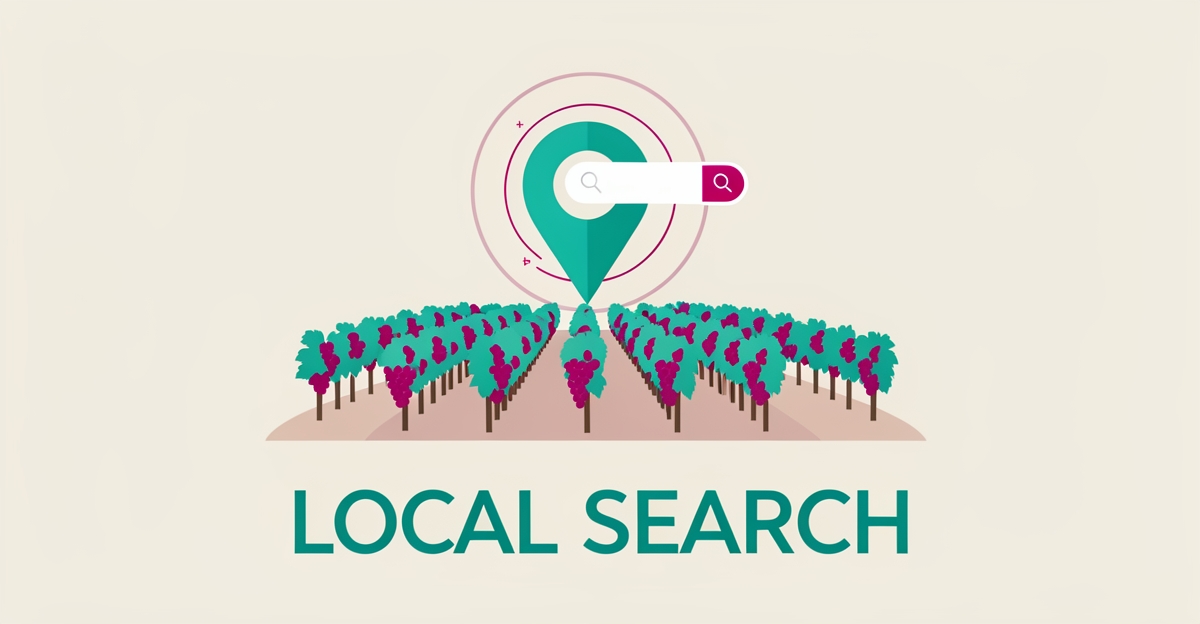 Flat illustration of a Canadian vineyard with a glowing map pin and search radar rings symbolizing local search optimization for wineries.