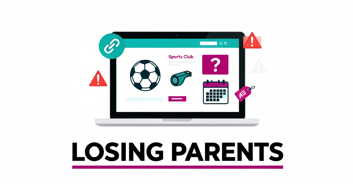 Flat illustration of a sports club website on a laptop with warning icons showing friction points driving parents away before registration.