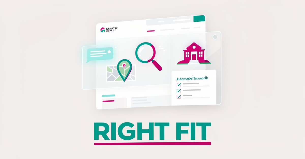 Flat illustration of an AI-powered charter school website with chat, local search, and enrollment automation elements in teal and magenta.