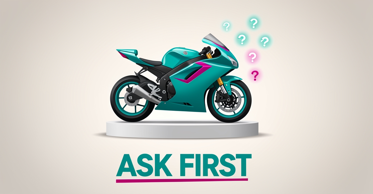 Flat illustration of a custom-painted motorcycle tank with five question-mark icons, symbolizing key questions before hiring a painter.