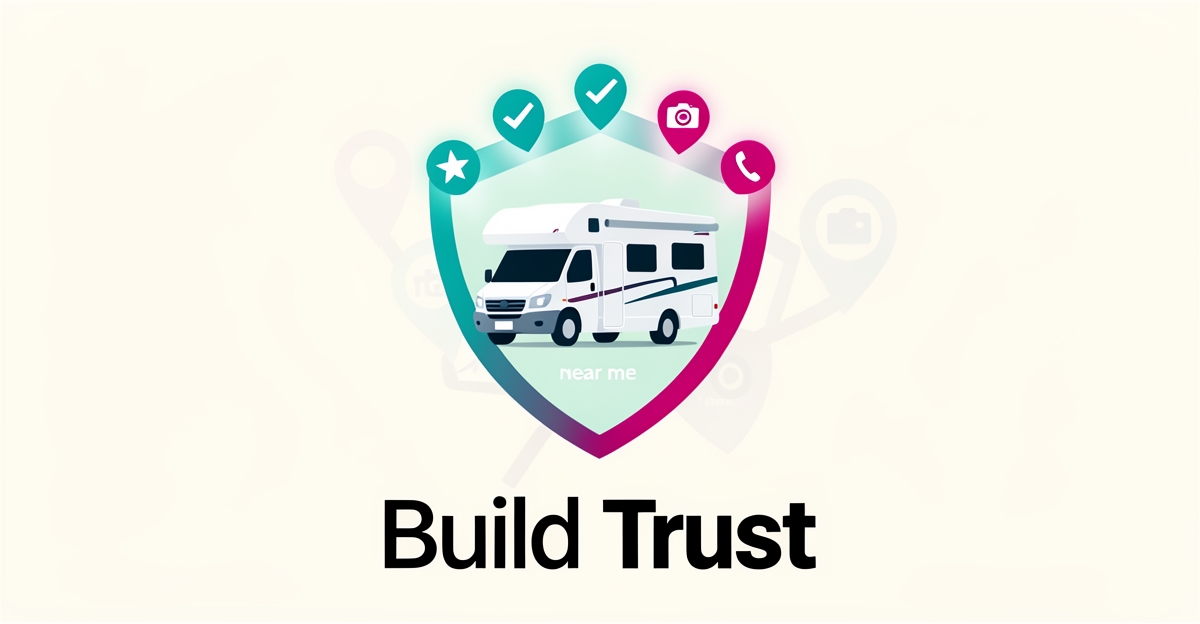 Flat illustration of an RV inside a protective shield with five trust badge icons above and the headline Build Trust.