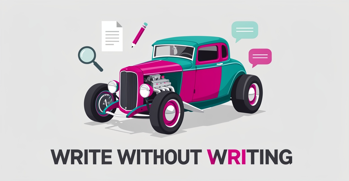 Flat illustration of a teal and magenta hot rod in a minimalist garage with content creation icons, headlined Write Without Writing.