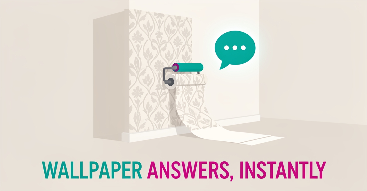 Flat illustration of a wallpaper roll smoothing onto a wall beside a glowing AI chat bubble in teal and magenta accents.