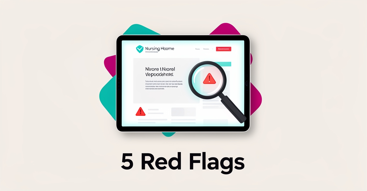 Flat illustration of a tablet showing a nursing home website with warning flags, teal and magenta accents, headline reading 5 Red Flags.