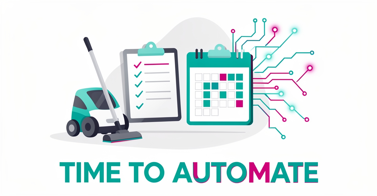 Flat illustration of cleaning equipment merging with AI circuit patterns in teal and magenta, symbolizing automation for cleaning businesses.