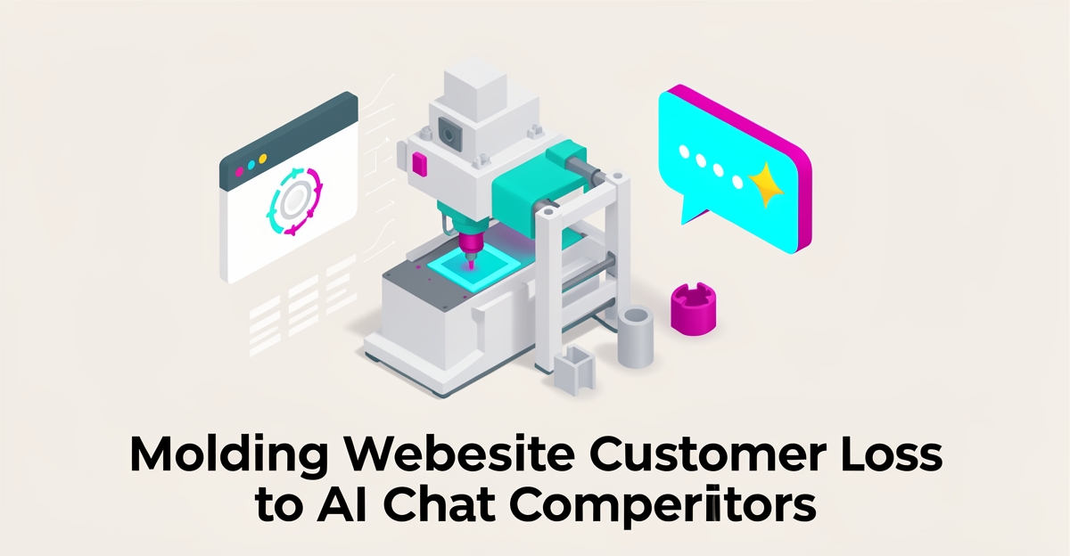 Flat illustration of molding equipment and AI chat icons showing warning signs of customer loss on a website.