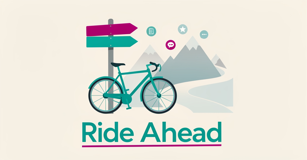 Flat illustration of a bicycle beside a trail signpost with digital content icons, symbolizing AI content driving bike rental bookings.