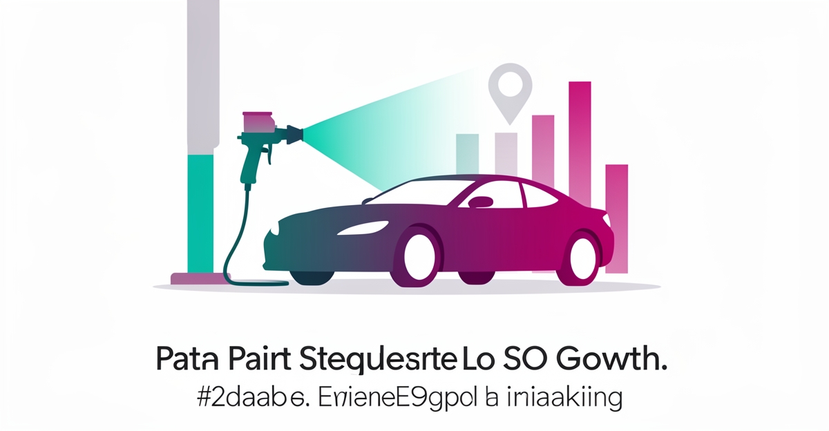 Flat illustration of a car in a paint booth with teal and magenta gradient mist and rising SEO ranking bars, headline reading Local SEO, Amplified.
