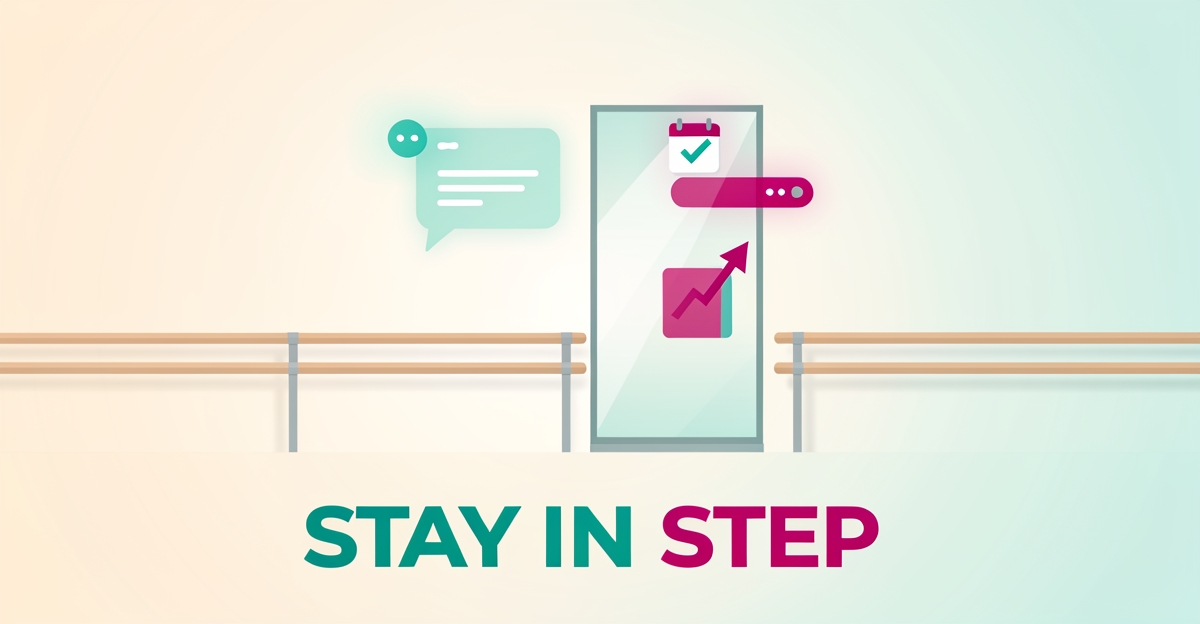 Flat illustration of a dance studio barre and mirror with floating AI notification and progress icons in teal and magenta, headline reading Stay in Step.