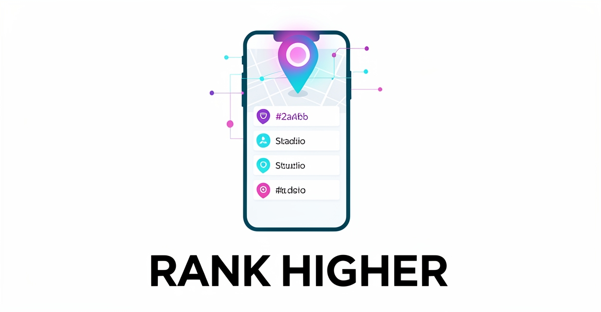 Flat illustration of a smartphone map with a glowing pin rising to the top of local search rankings in teal and magenta.