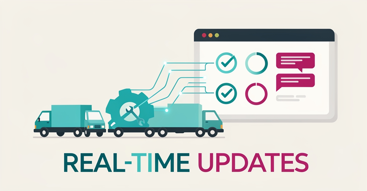 Flat illustration of fleet trucks linked to a dashboard with status alerts and messaging icons, accented in teal and magenta, with a real-time updates headline.