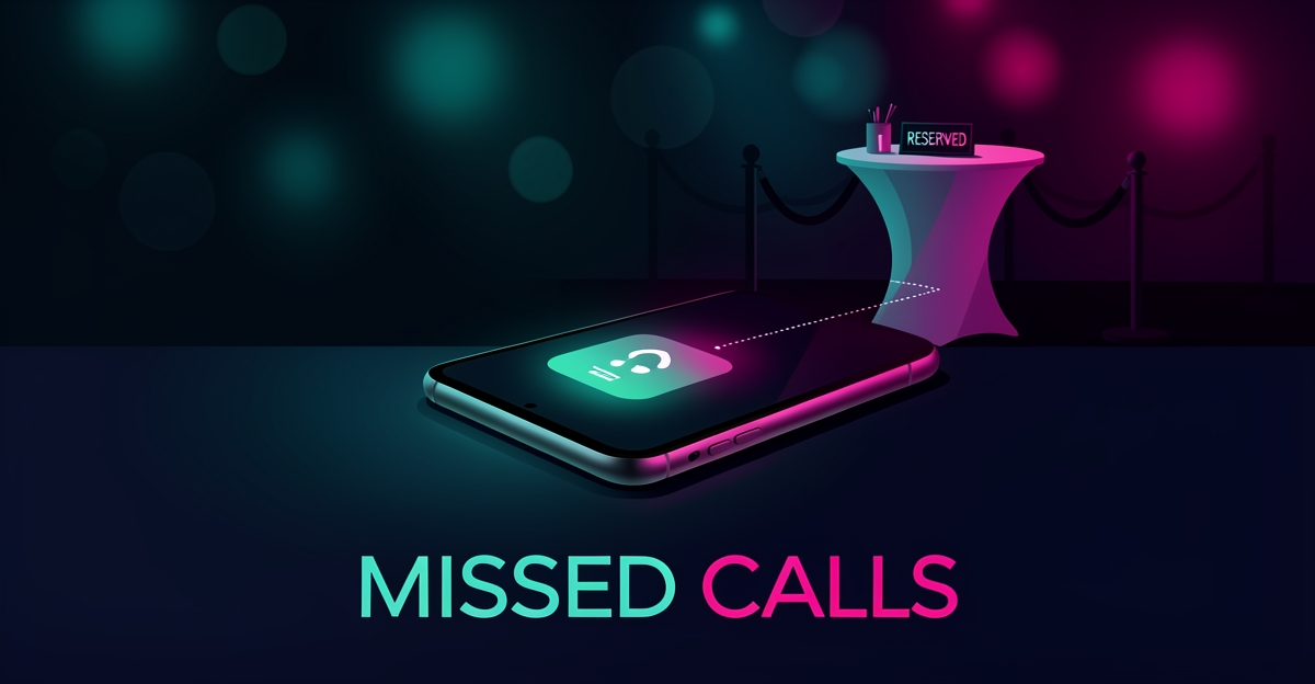 Flat illustration of a smartphone with a missed call notification beside a glowing VIP nightclub table, headline reading Missed Calls.