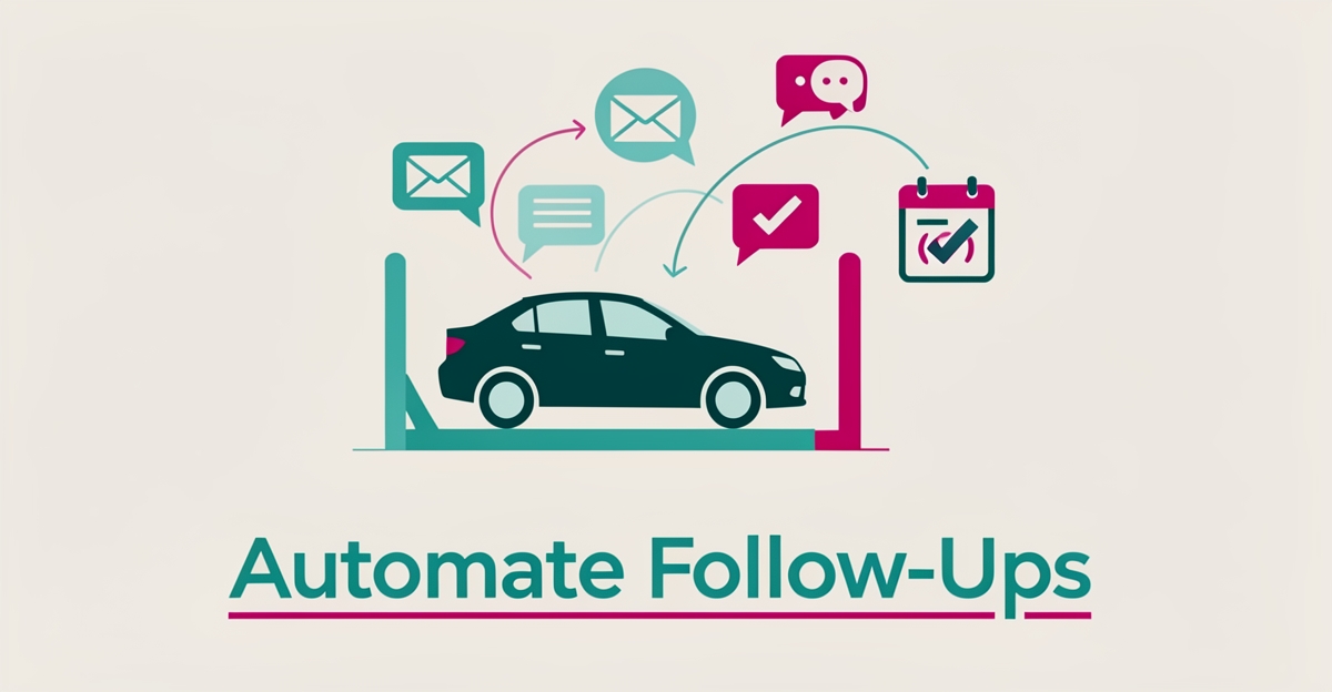 Flat illustration of an exhaust system on a lift with automated email and text follow-up icons leading to a booked job, headline reading Automate Follow-Ups.