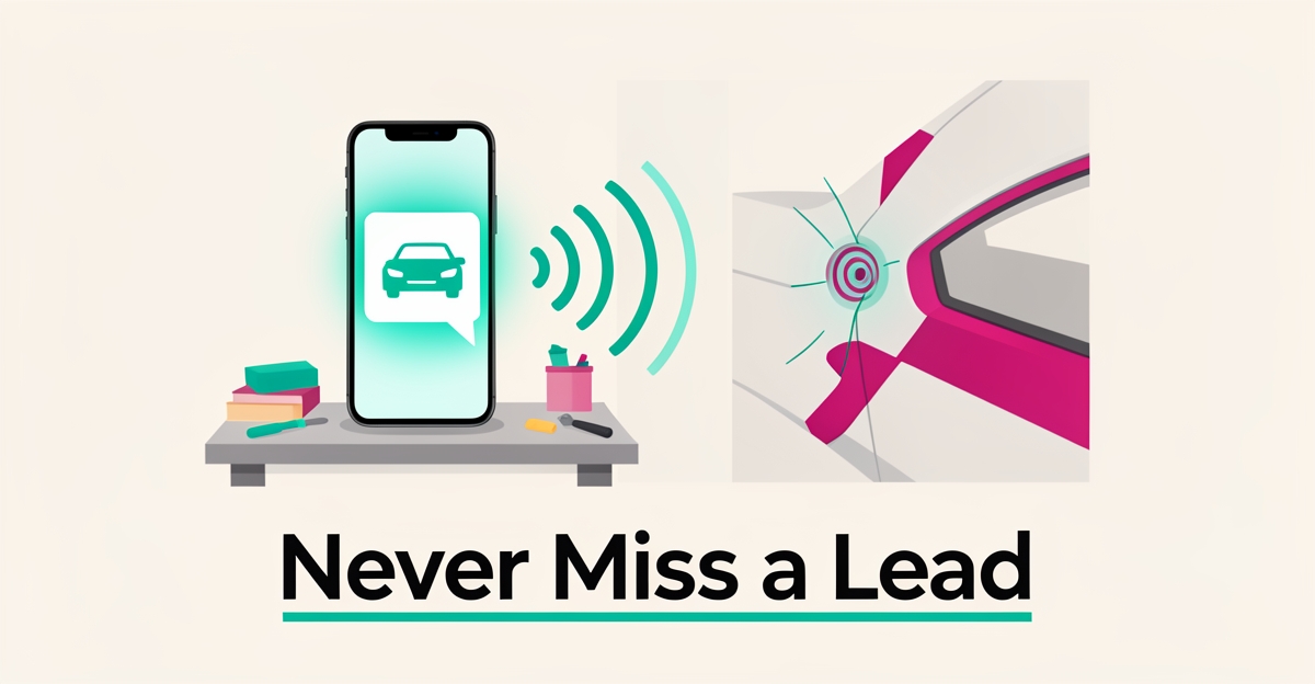 Flat illustration of a smartphone capturing dent repair lead notifications beside a car panel, accented in teal and magenta with headline Never Miss a Lead.