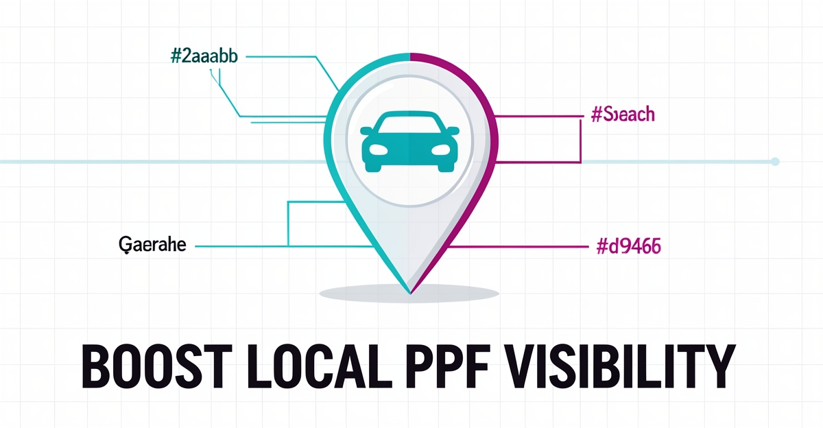 A minimalist flat illustration of a transparent film map pin over a local search grid, using brand colors to highlight local SEO for paint protection film services.