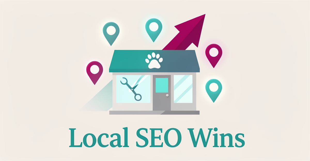 Flat illustration of a pet grooming salon with map pins and a rising ranking arrow, accented in teal and magenta, headline reading Local SEO Wins.