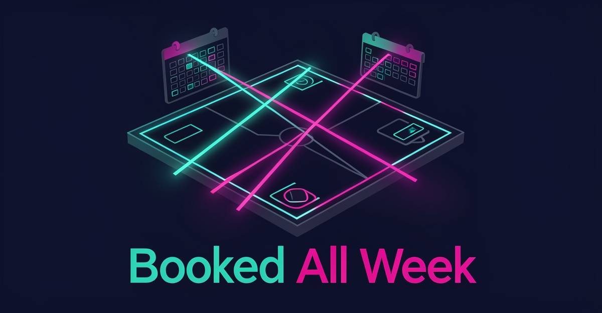 Flat illustration of a laser tag arena with neon teal and magenta laser beams over calendar booking elements, headlined Booked All Week.