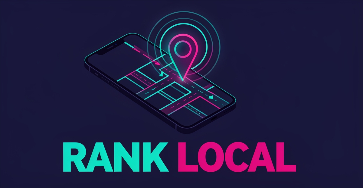 Flat illustration of a smartphone map with a glowing location pin over a stylized city, symbolizing local search ranking for roadside assistance.