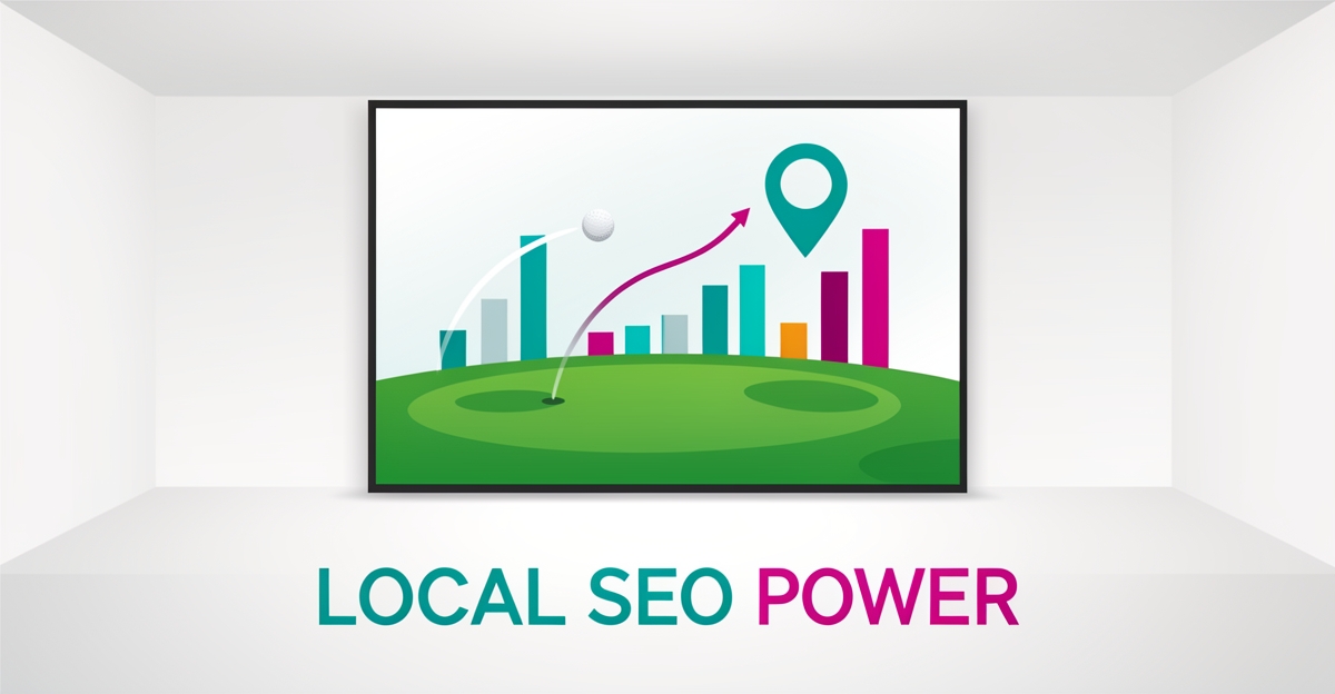 Flat illustration of a golf simulator with rising search ranking bars and a location pin, symbolizing AI-powered local SEO for indoor golf venues.