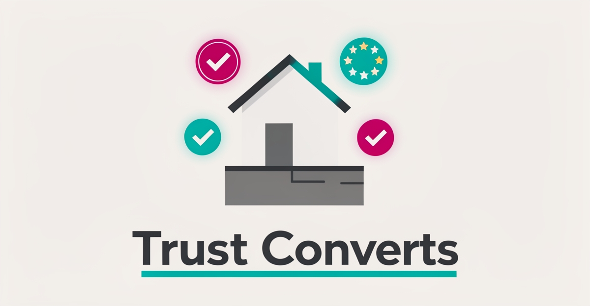 Flat illustration of a house foundation surrounded by trust badges and star ratings with the headline Trust Converts.