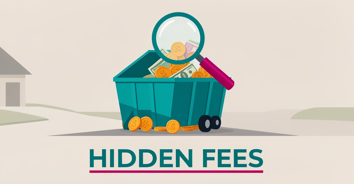 Flat illustration of a dumpster with a magnifying glass revealing hidden coins, symbolizing surprise fees in dumpster rentals.