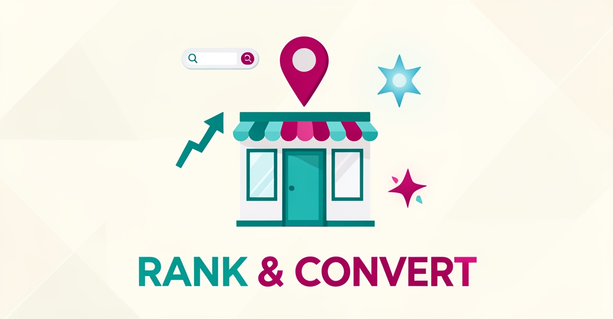 Flat illustration of a beauty studio storefront with map pin, AI icons, and rising analytics arrow in teal and magenta, titled Rank & Convert.