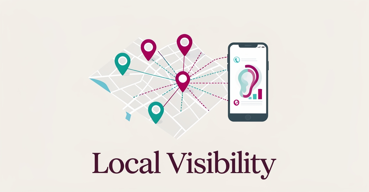 Flat illustration of a service area map with location pins and a smartphone showing rising patient call metrics in teal and magenta accents.