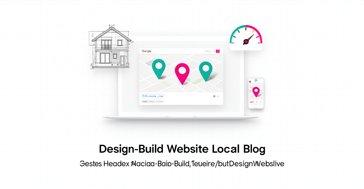 Flat illustration of a laptop with Google Map Pack pins and blueprint icon showing design-build local SEO traffic loss.