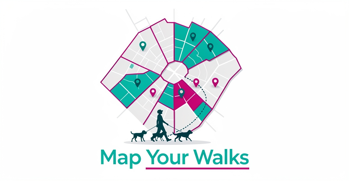 Flat illustration of neighborhood map zones with dog walking route and brand color accents.