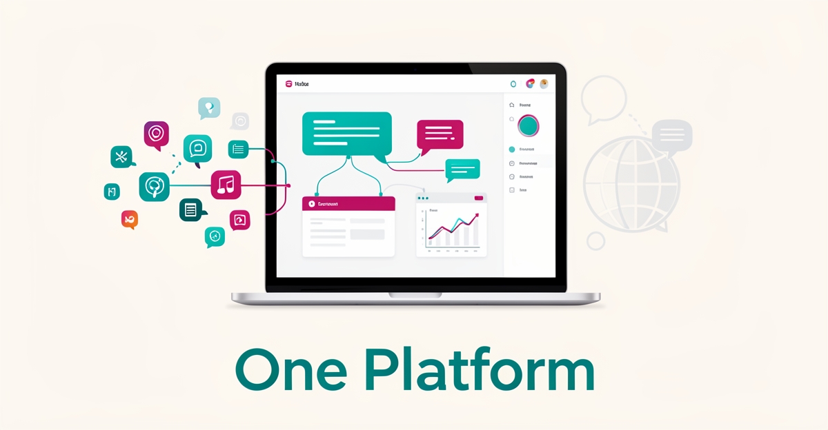 Flat illustration of a unified dashboard consolidating scattered app icons, representing an all-in-one website platform for language schools.