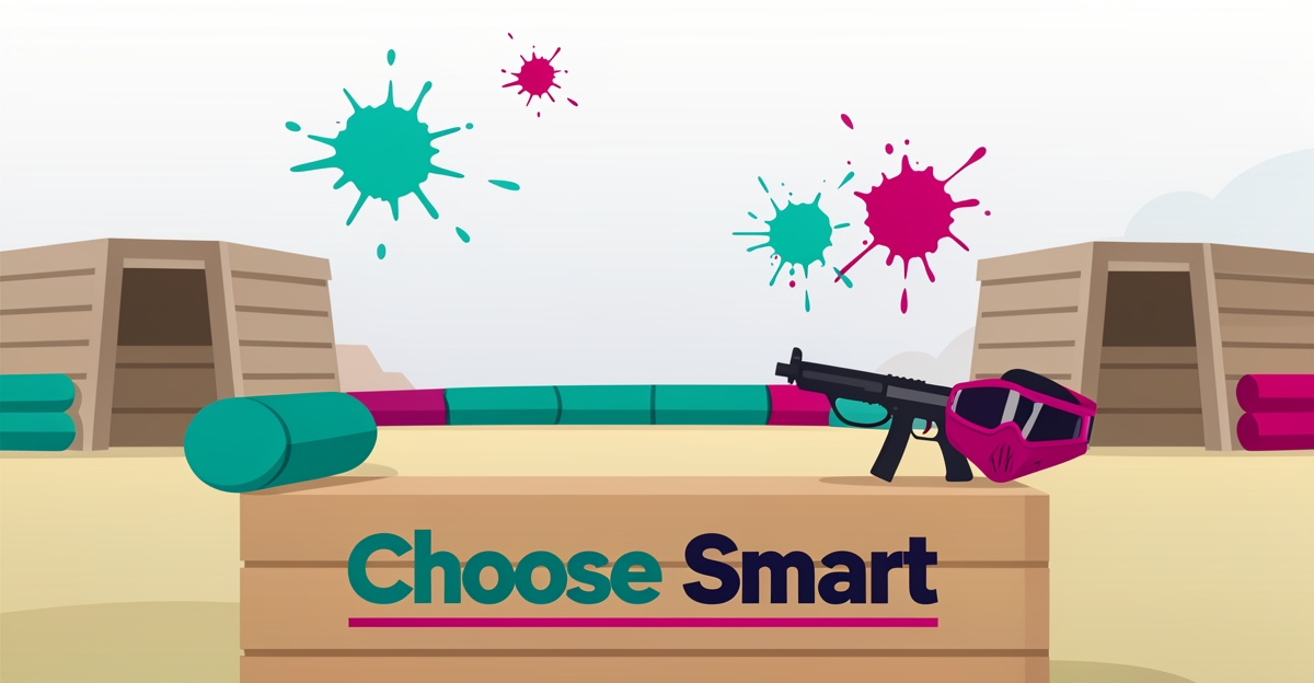 Flat illustration of a paintball field with bunkers, a protective mask, and colorful paint splatters in teal and magenta with headline Choose Smart.
