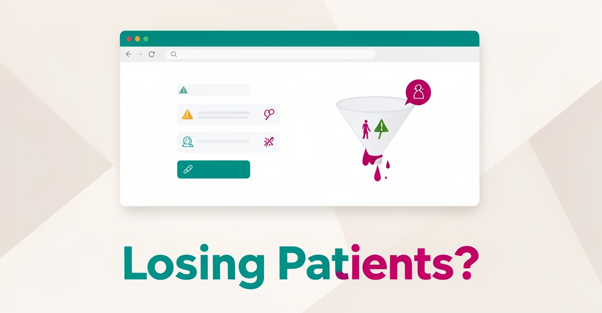 Flat illustration of a nephrology website with warning icons and a leaking patient funnel, headline reading Losing Patients?