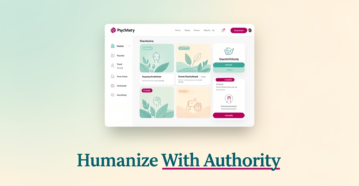 Flat illustration of a psychiatry website dashboard with biophilic teal and magenta accents, soft gradients, and a magazine-style headline reading Humanize With Authority.