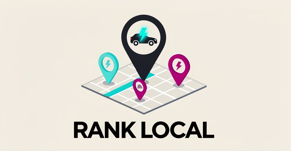 Flat illustration of a map pin with a car and electric bolt icon over a city grid, symbolizing local search ranking for auto electrical repair.