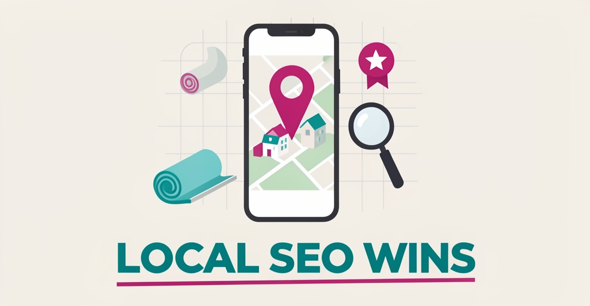Flat illustration of a smartphone map with a location pin, carpet roll and search icons in teal and magenta, headline reading Local SEO Wins.