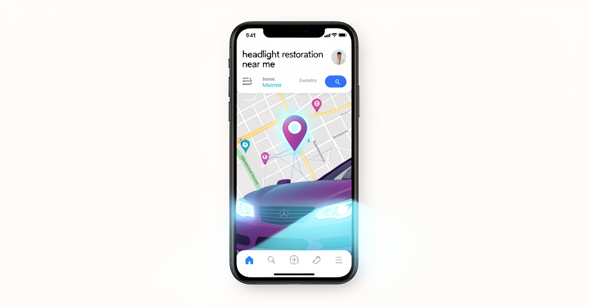 A smartphone showing local search results for headlight restoration with a glowing map pin and restored headlight beam, using brand colors as accents in a clean flat illustration style.