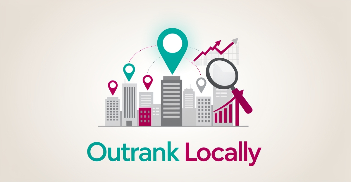 Flat illustration of a city skyline with location pins and a rising search ranking graph symbolizing local SEO success for chiropractors.