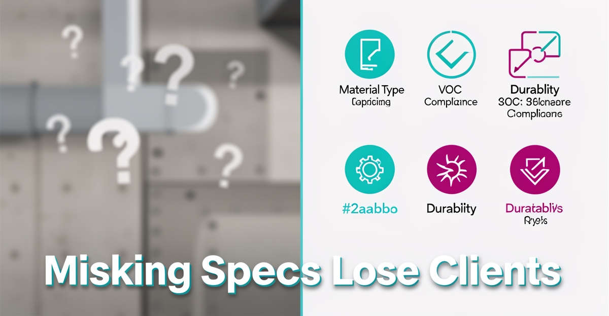 Split illustration contrasting vague vs. clear industrial coating specs, with brand-colored icons and headline warning that missing details lose clients.