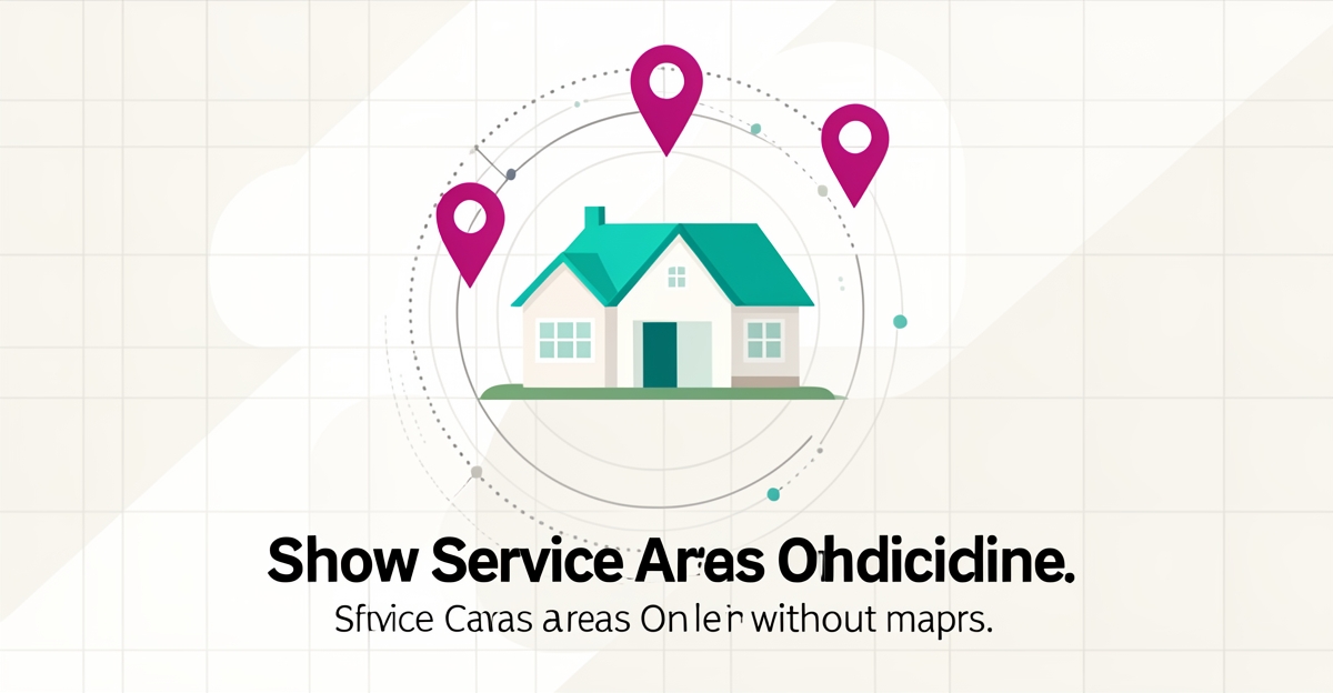 Flat illustration of a modern house surrounded by abstract location pins and radius lines, representing non-map ways to show home builder service areas.
