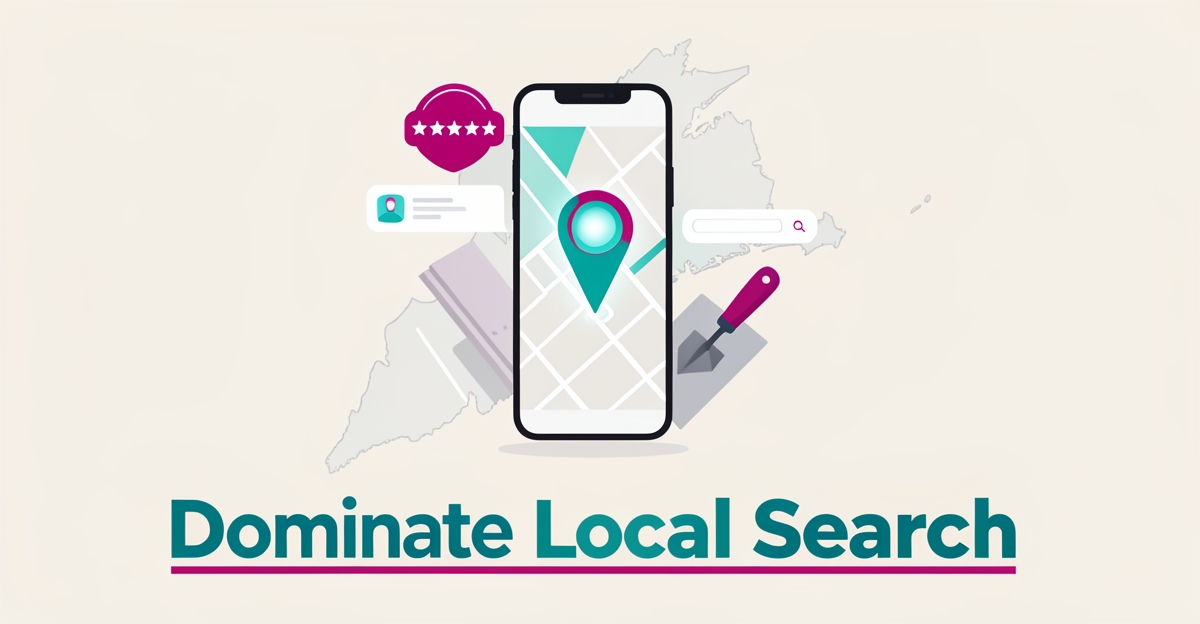 Flat illustration of a smartphone with a map pin and review icons symbolizing local SEO for Nova Scotia drywall contractors.
