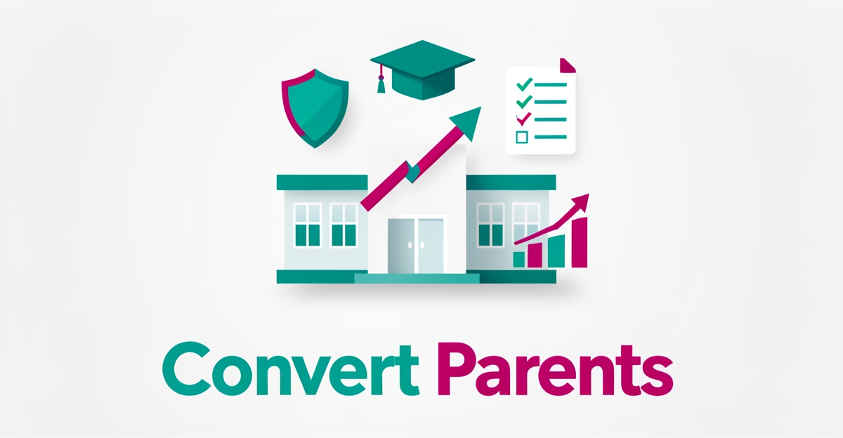Flat illustration of a school building with growth charts, safety shield, and checklist icons in teal and magenta, titled Convert Parents.