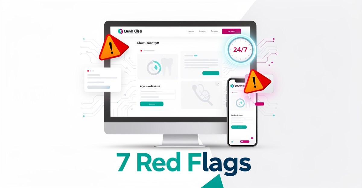 Flat illustration of a dental website on desktop and phone with red flag icons and AI circuit accents highlighting conversion problems.