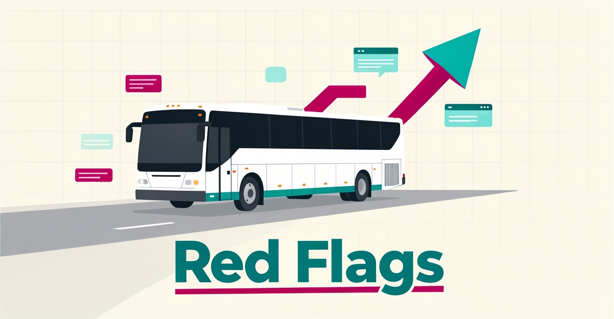 Flat illustration of a charter bus driving toward a rising conversion chart in teal and magenta brand colors with the headline Red Flags.