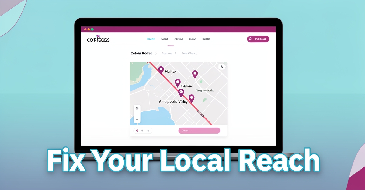 Flat illustration of a coffee roaster website map highlighting local neighborhoods, with a headline overlay about fixing local reach, using brand colors blue and magenta.